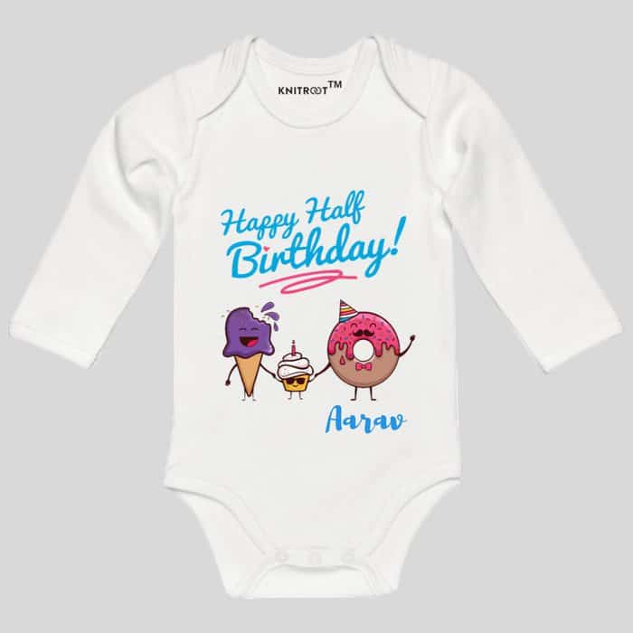 Baby-Romper-Romper-Full Sleeve-White-Donuts-Knitroot icecream design birthday romper | Knitroot