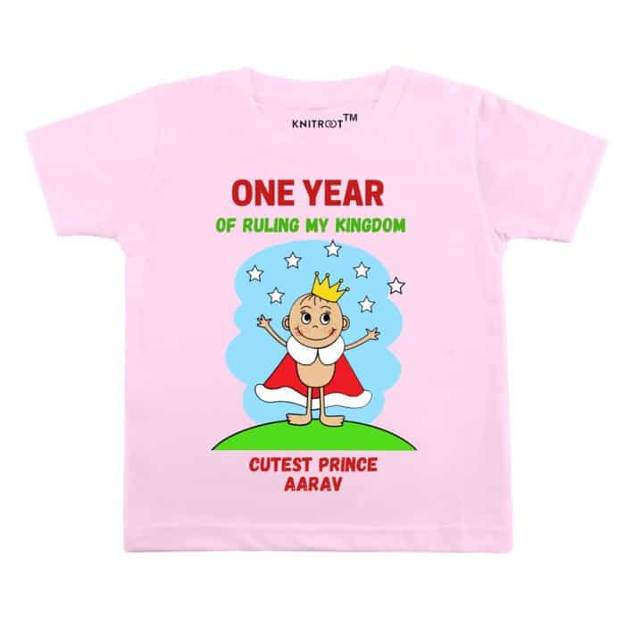 One-year-of-ruling-my-kingdom-kids-tshirt-pink-knitroot customised birthday t shirt