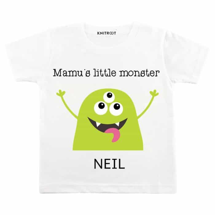 Mammu little monster white pesonalized kids t shirt
