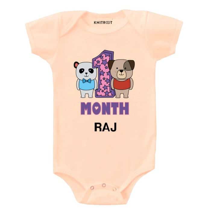 one month baby bear peach romper newborn baby 1 month birthday