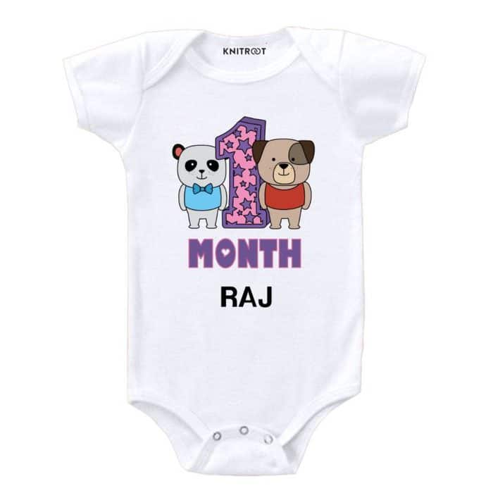 one month baby bear white romper