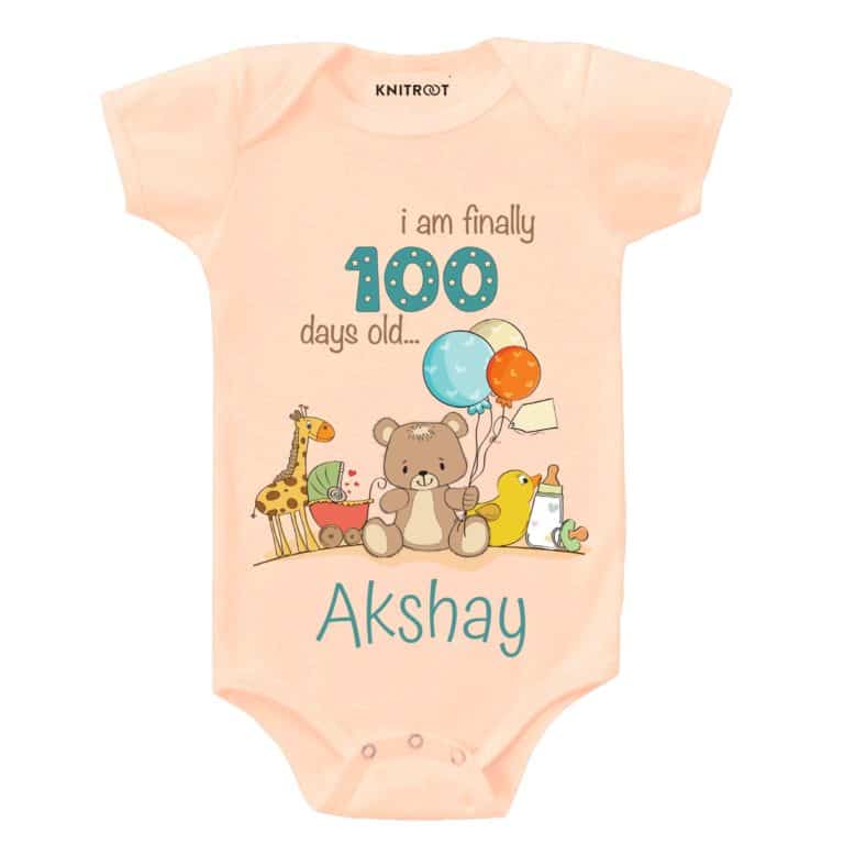 i am finally 100 days old peach romper baby onesie customize