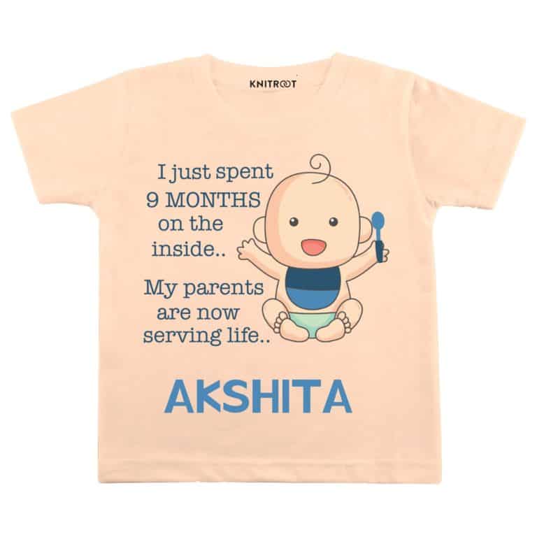 parents serving the life spent 9 months baby peach tshirt