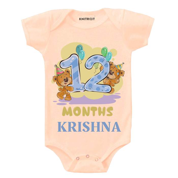 12 Month Teddy Theme Onesie (Peach)