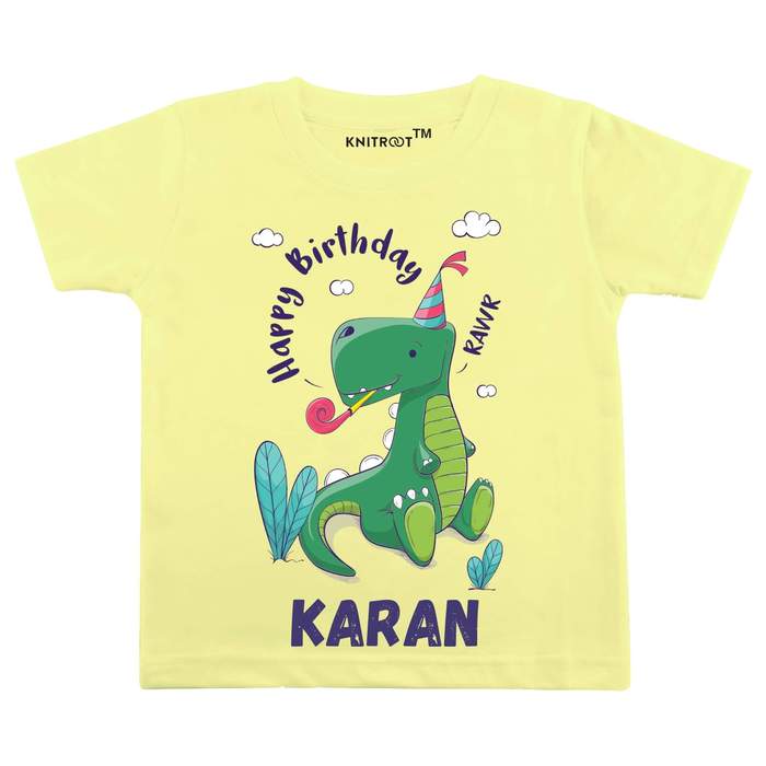 Happy Birthday Dinosaur Design T-Shirt (Yellow)