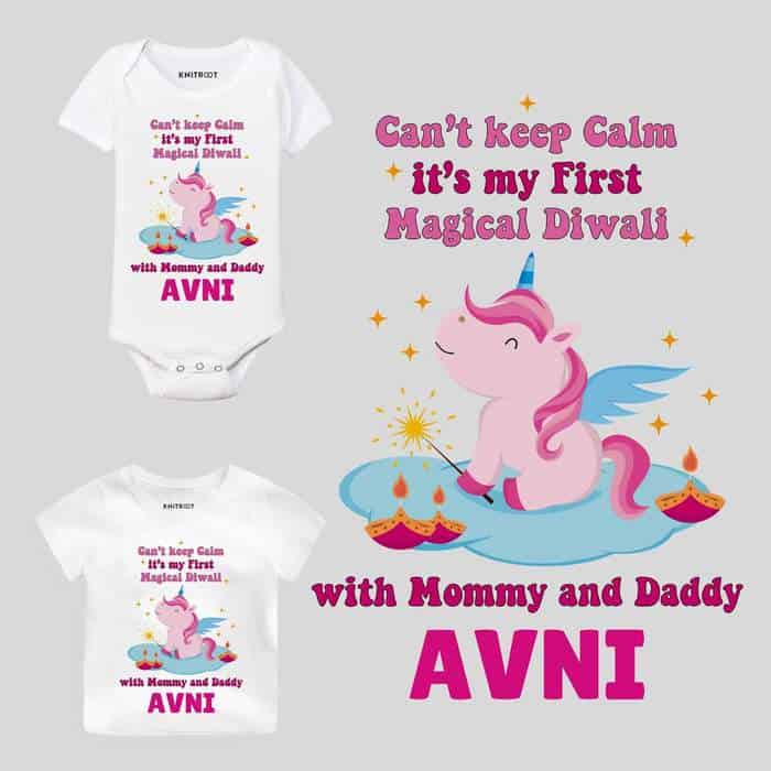 Can't Keep Calm It's My First Magical Diwali Baby Wear unicorn onesie