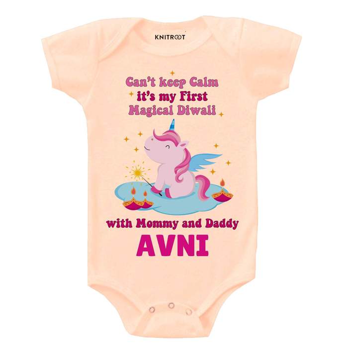 Can't Keep Calm It's My First Magical Diwali Onesie (Peach)