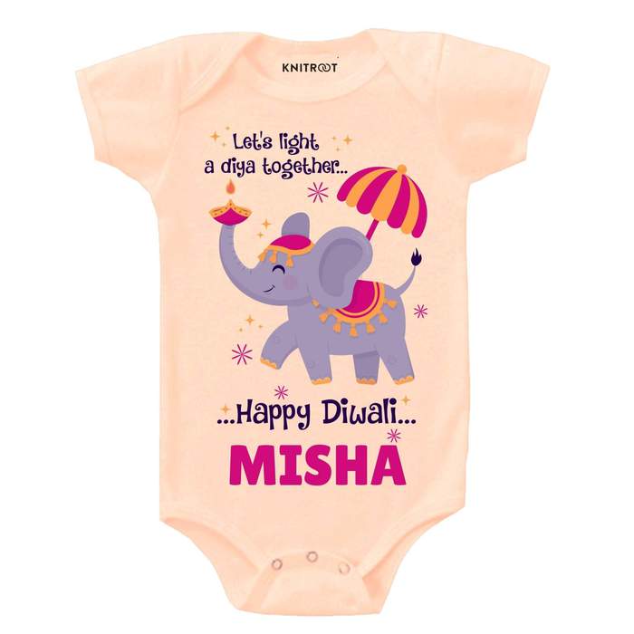 Let's Light a Diya Together Happy Diwali Onesie (Peach)