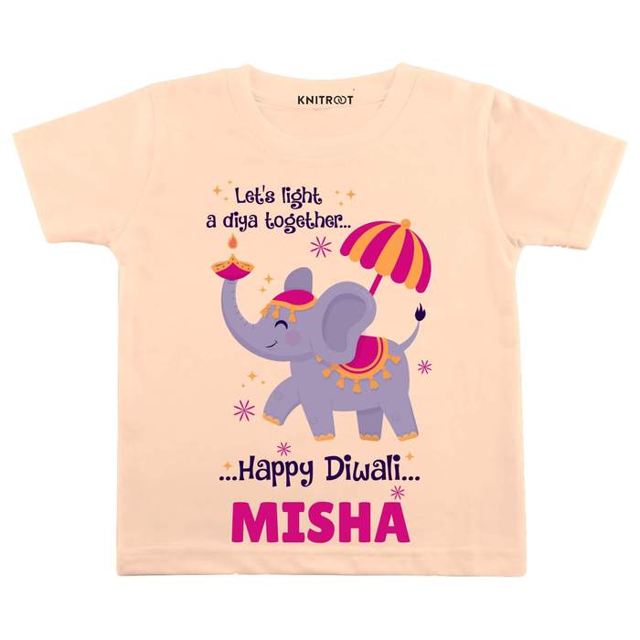 Let's Light a Diya Together Happy Diwali T-shirt (Peach)