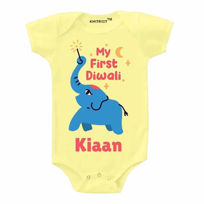 My First Diwali Blue Elephant Onesie (Yellow)