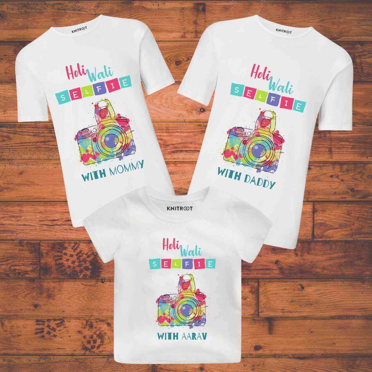 Holi selfie Mommy Daddy Kid combo t shirts for family