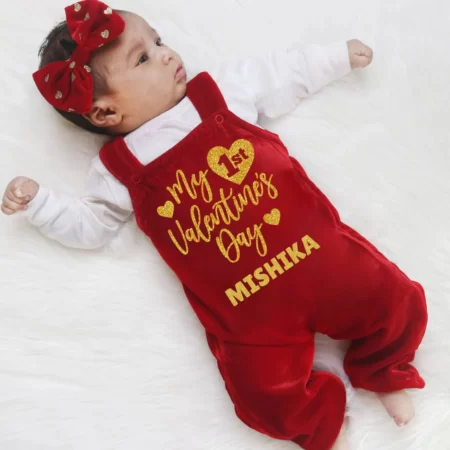 My First Valentine Day Cute Velvet Dungaree