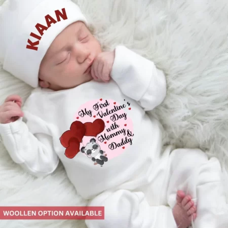 My First Valentines Day With Mommy Daddy Jumpsuit With Cap