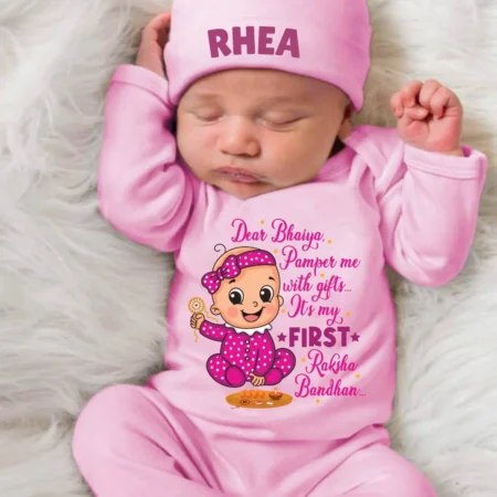 Dear Bhaiya, Pamper Me With Gifts It's My First Rakhi Jumpsuit & Cap Set