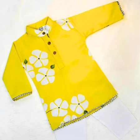 Yellow Kurta with Elegant White Floral Print - KNITROOT