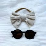 Adorable Baby Girl Beige Headband & Black Sunglasses Set
