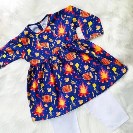 Celebrate Lohri in Style with Our Blue All-Over Print Frock Set!