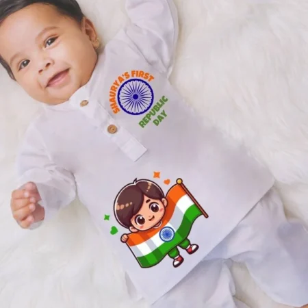 First Republic Day White Kurta & Pajama Set For Kids