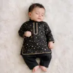 Golden Foil Printed Black Kurta & Pajama For Kids & Adults