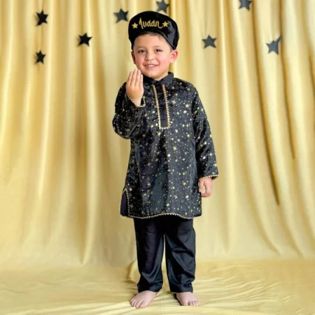 Golden Foil Printed Black Kurta & Pajama For Kids & Adults