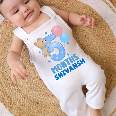 Five Months Teddy Balloons Theme Dungaree