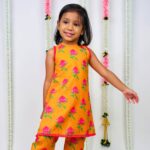 Orange kurta with Lotus Print For Girls