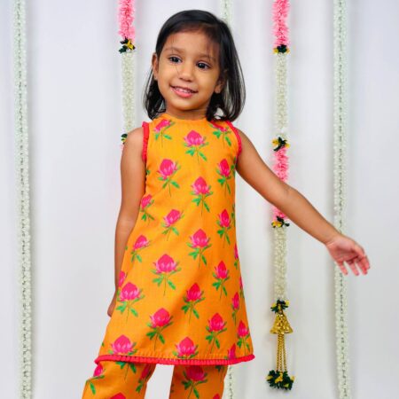 Orange kurta with Lotus Print For Girls