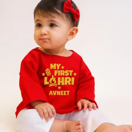 My First Lohri With Kid's Name Red Kurta & Pajama