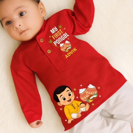 My First Pongal Red Kurta & Pajama Set