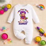 My First Holi Mummy & Papa White Jumpsuit For Baby Boy