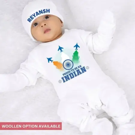 Jumpsuit Set Proud To Be An Indian Outfit With Booties, Mittens & Cap