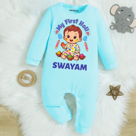 My First Holi Blue Jumpsuit For Baby Boy