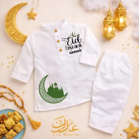 Eid Mubarak White Kurta & Pajama Set