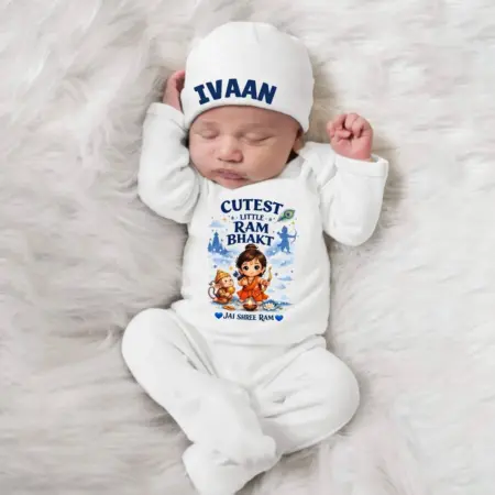 Cutest Little Ram Bhakt Jumpsuit & Cap Set