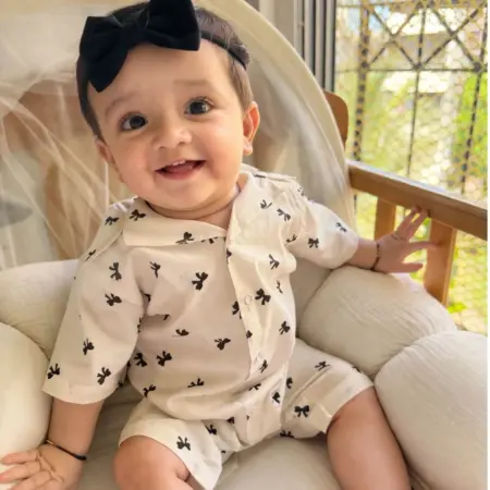 Classic Black Bow Print Collared Baby Romper