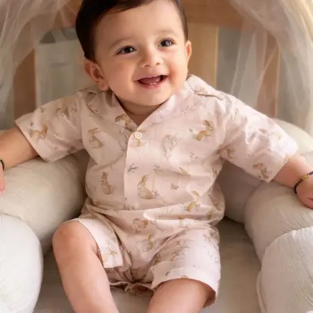Bunny Print Collared Baby Romper